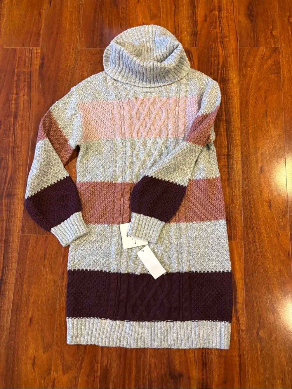 by & by Cable-Knit Turtleneck Sweater Dress in Gray, Pink & Brown